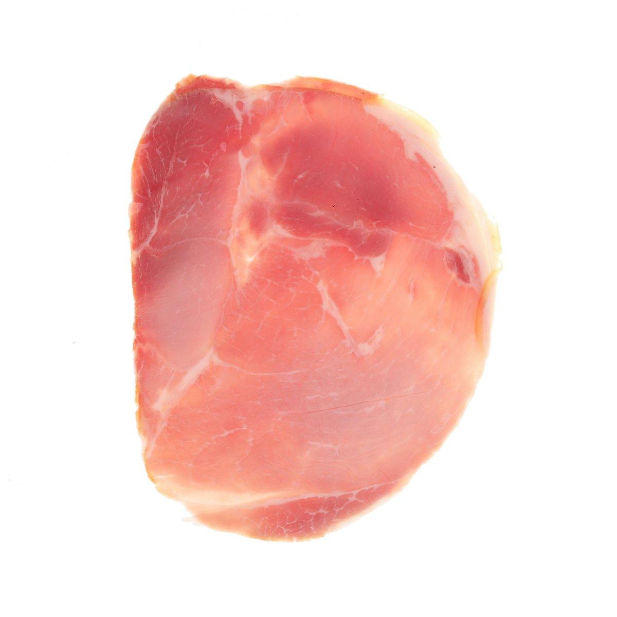 LE MIGNON smoked cooked ham slice with skin, pink meat and thin outer rind