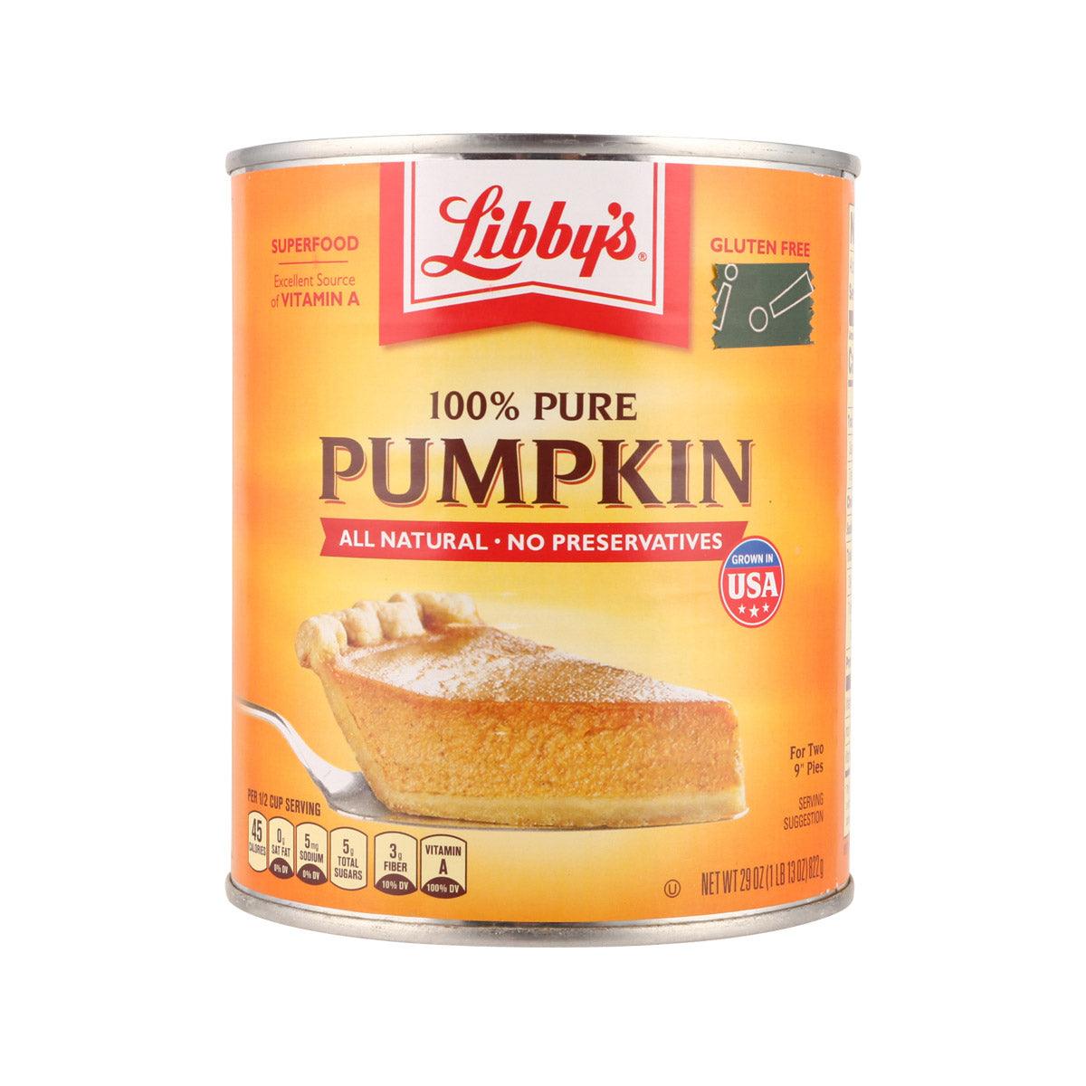 Libby's 100% pure pumpkin puree can, gluten free label, 822g
