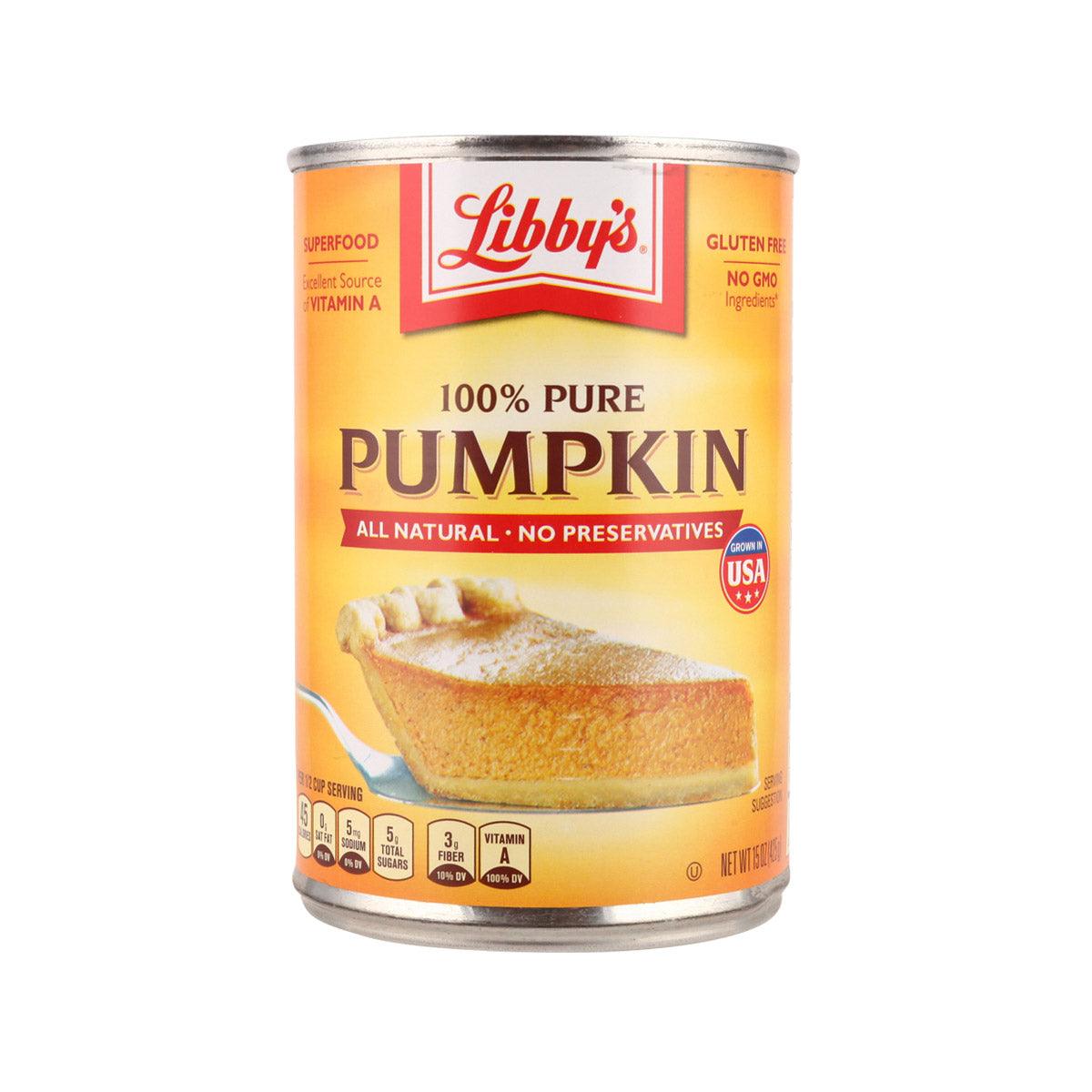 LIBBY'S 100% pure pumpkin canned food in a metal can, orange pumpkin puree