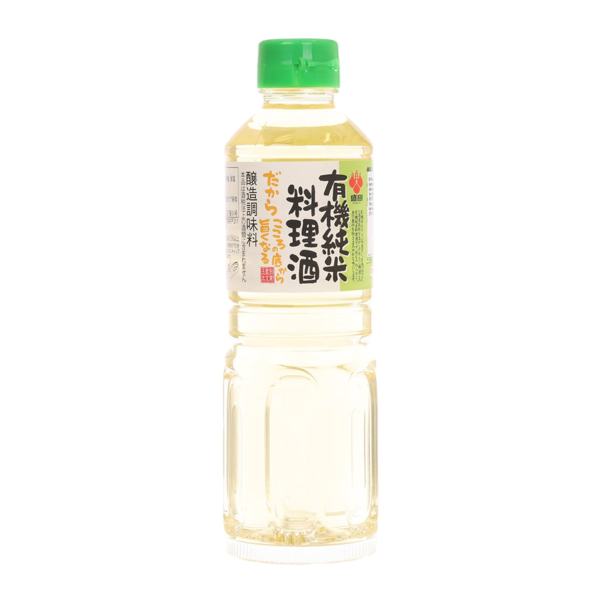 Organic rice cooking sake bottle with green cap, front label, 500 mL
