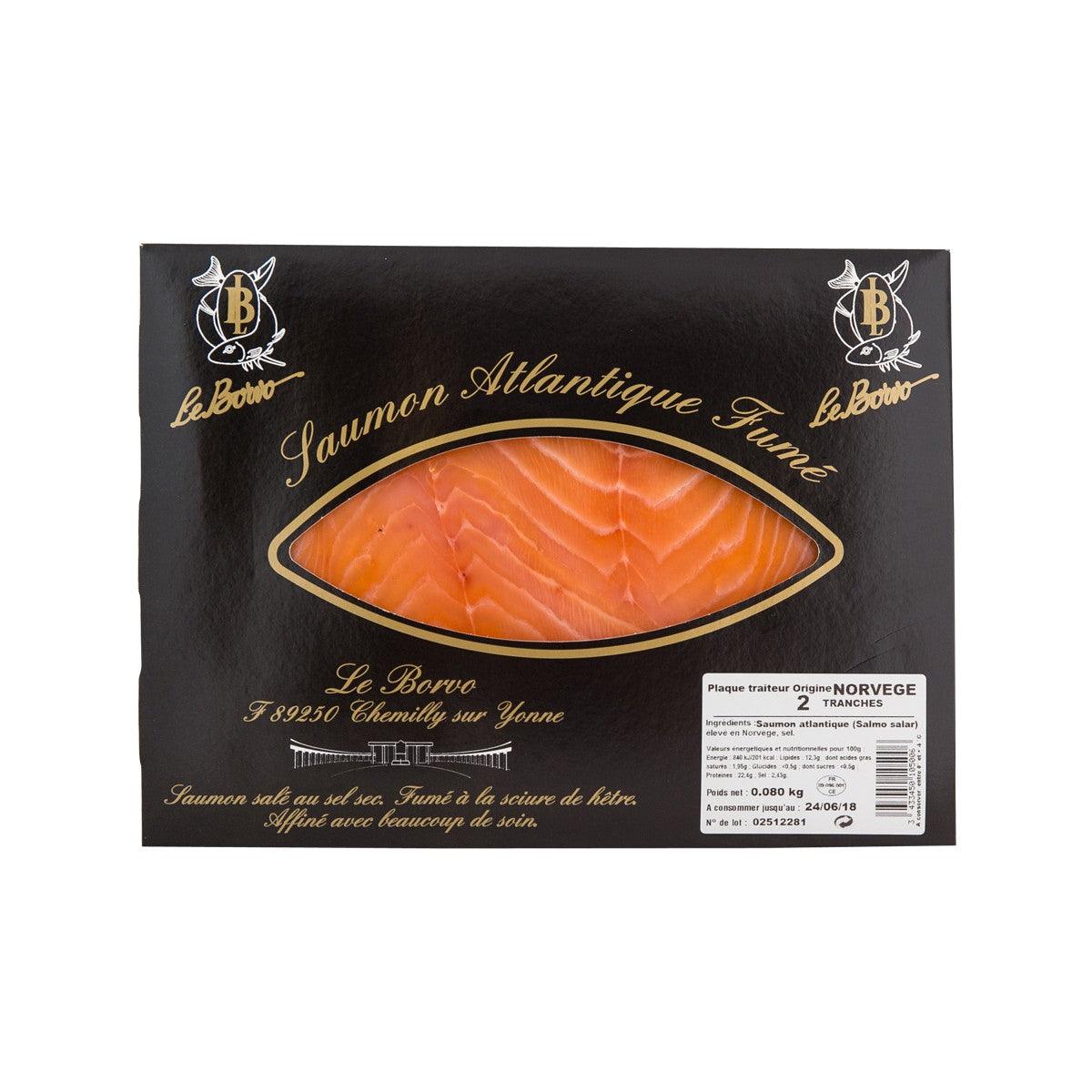 LE BORVO sliced smoked Norwegian salmon pack, front label with salmon slices graphic