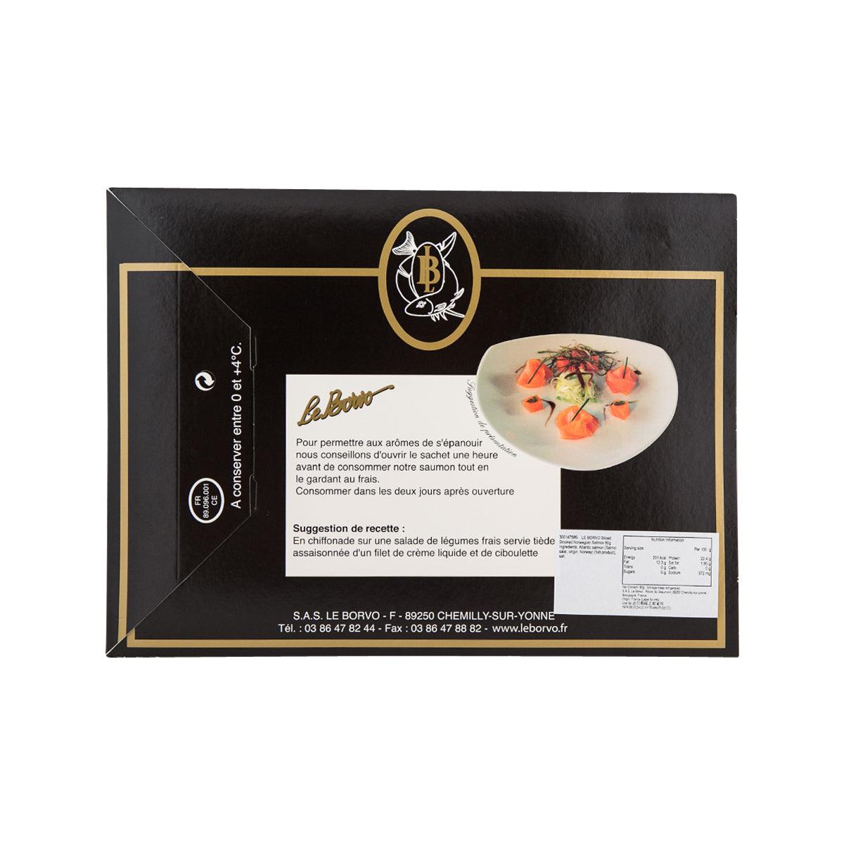 LE BORVO sliced smoked Norwegian salmon pack, back label with serving and ingredients text