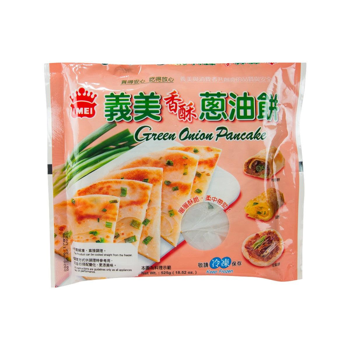 Packaged green onion pancake flatbread, sealed bag with photo and green onion garnish.