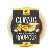 DELPHI classic houmous dip jar, yellow-and-black label with lemon and chickpeas