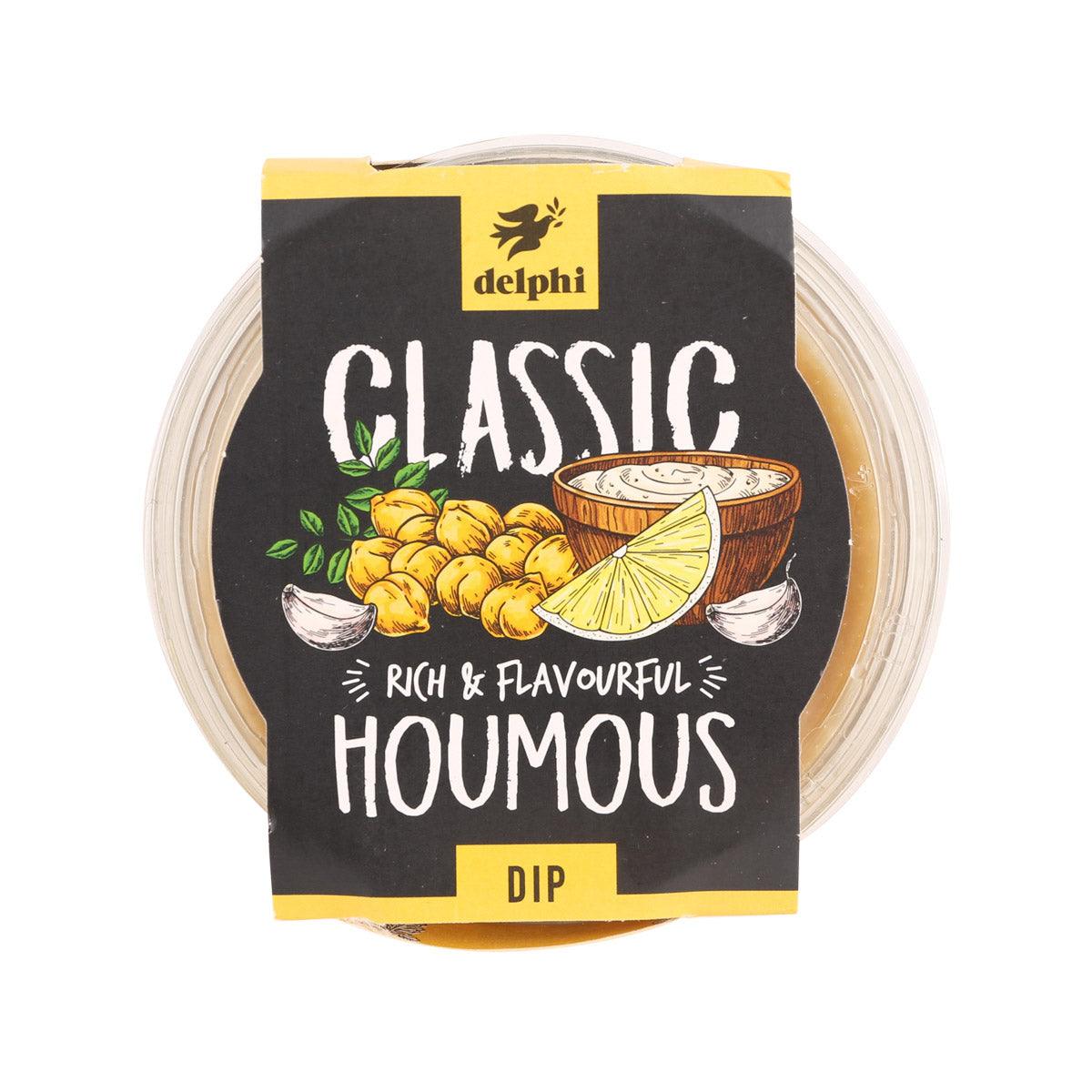 DELPHI classic houmous dip jar, yellow-and-black label with lemon and chickpeas