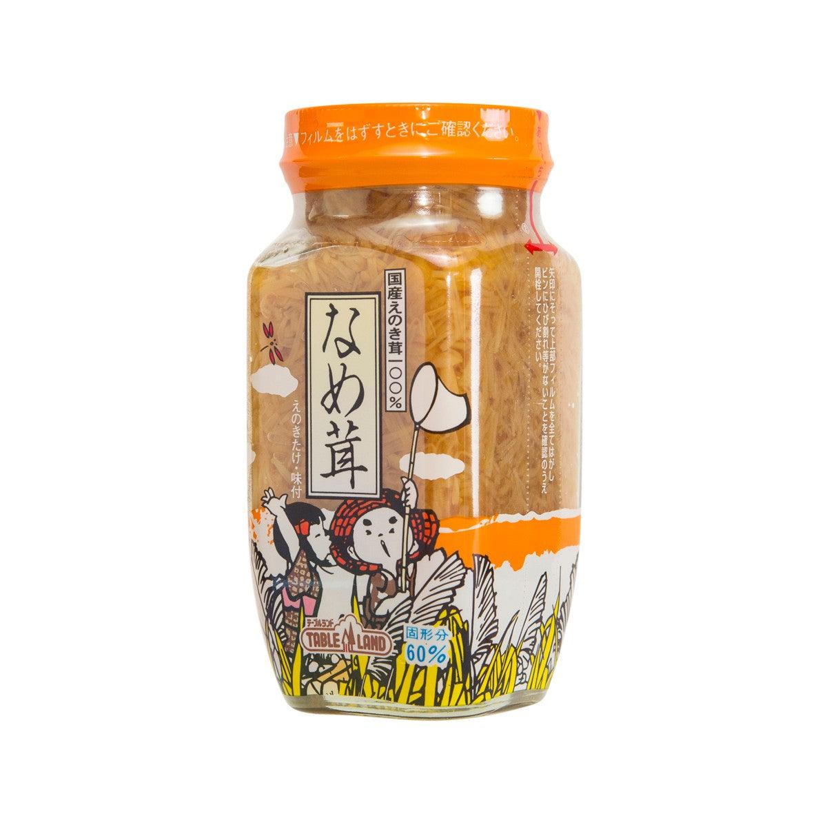Seasoned enoki mushrooms jar, front view with orange lid and illustrated label