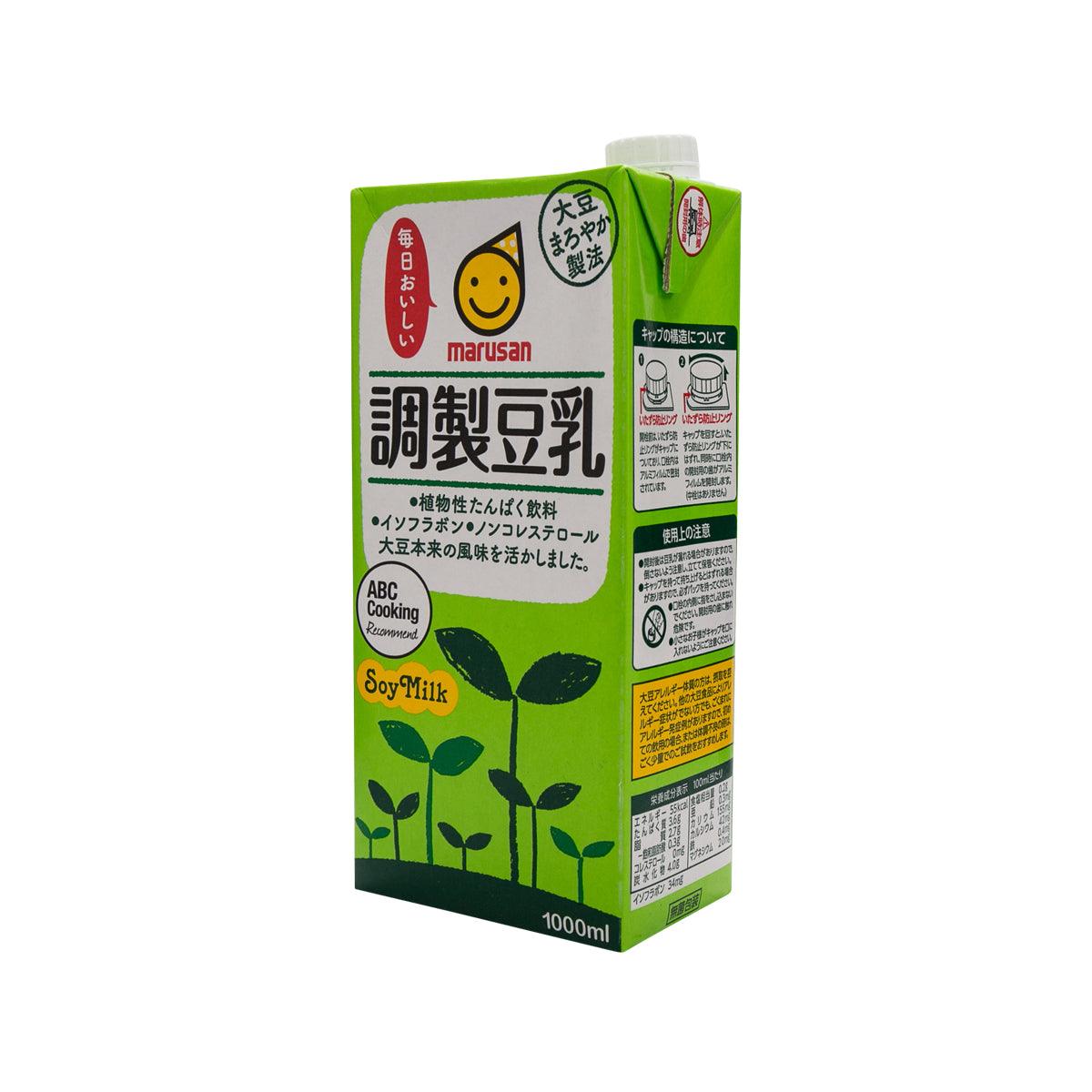 MARUSAN soy milk carton, angled side view with green panel and 1000 mL label