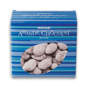 Box of ROYCE' Almond Chocolate Black with striped blue packaging and almond pieces