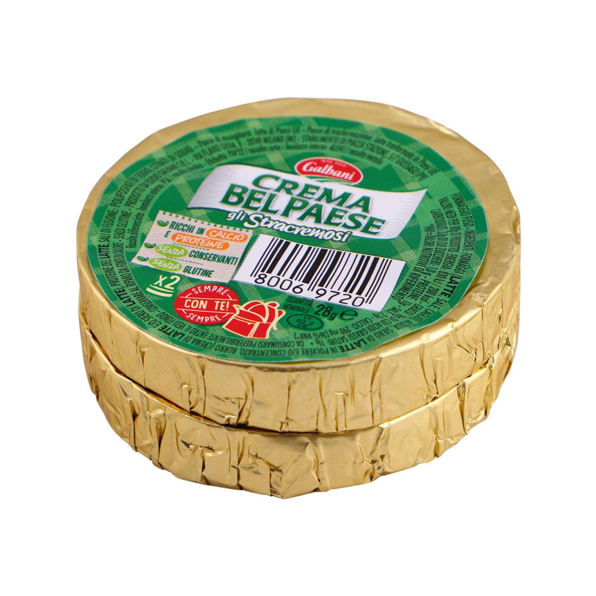 Galbani crema Bel Paese processed cheese spread tub, green label and gold foil sides