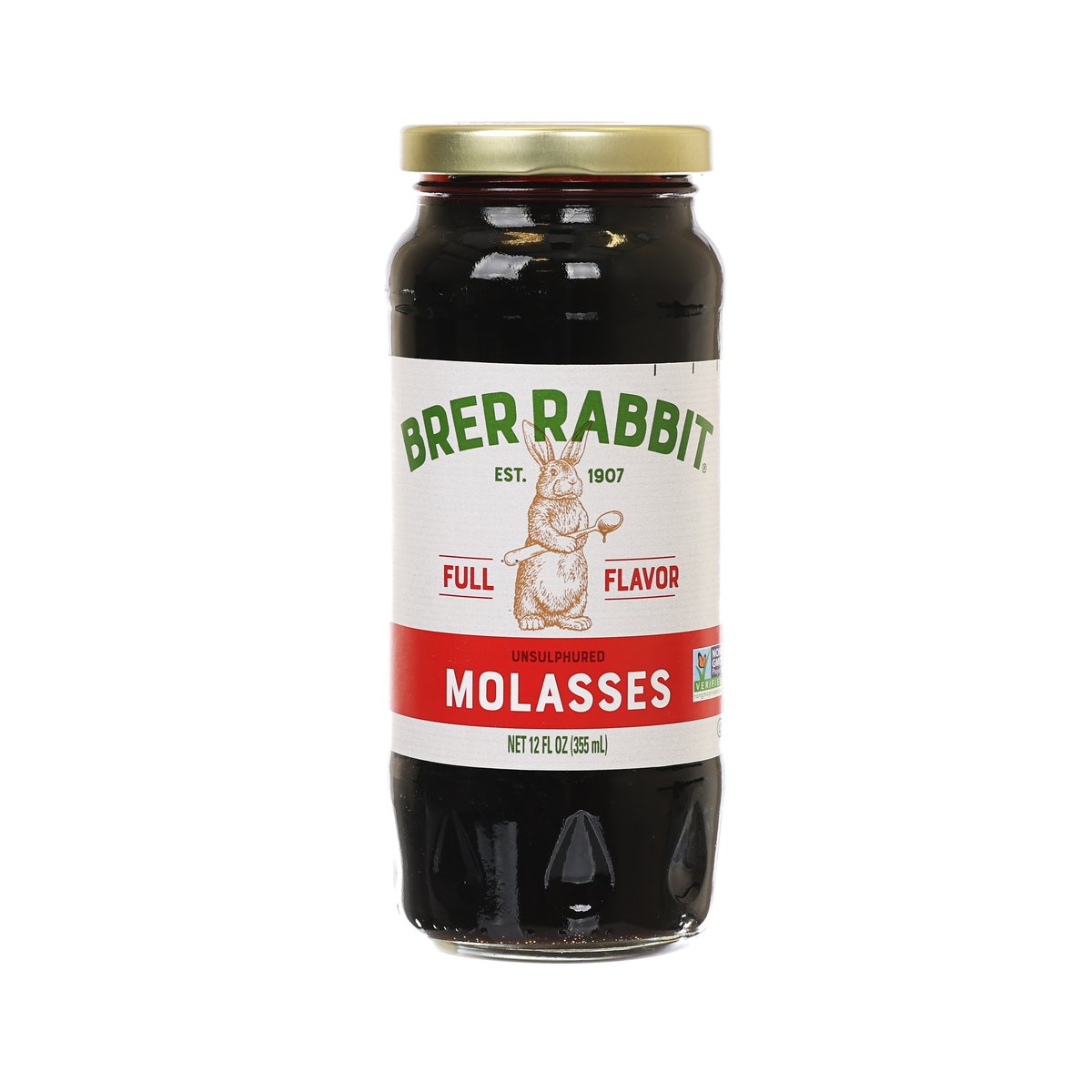 BRER RABBIT molasses jar with gold lid and front label, dark syrup
