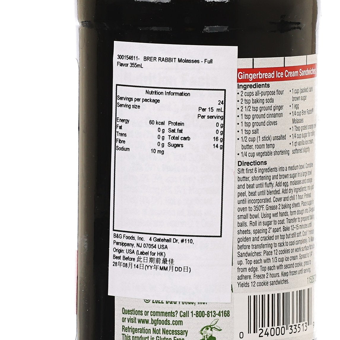 BRER RABBIT molasses label close-up with nutrition facts and ingredient details