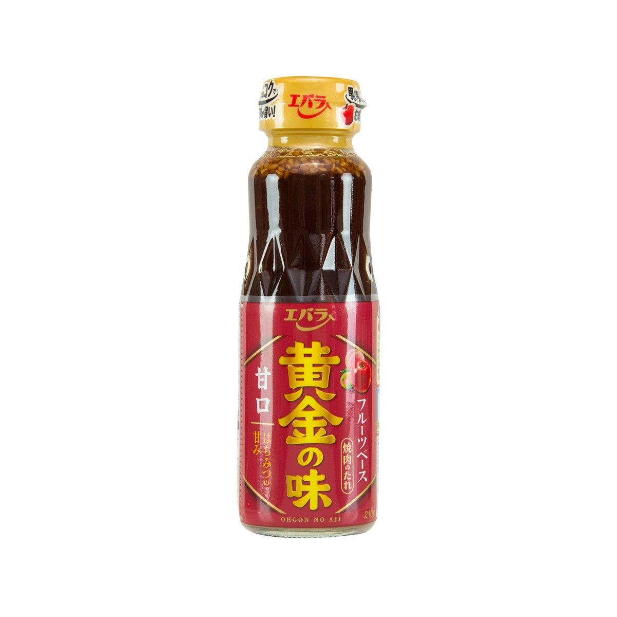 EBARA mild golden BBQ sauce bottle with dark brown sauce, yellow cap, red label