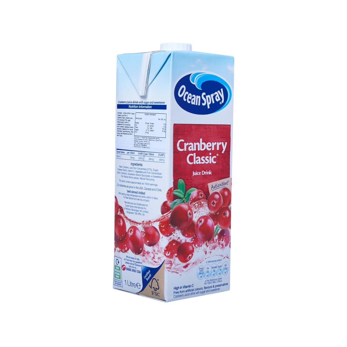 Ocean Spray Cranberry Classic 1L juice drink carton, back panel with nutrition text.