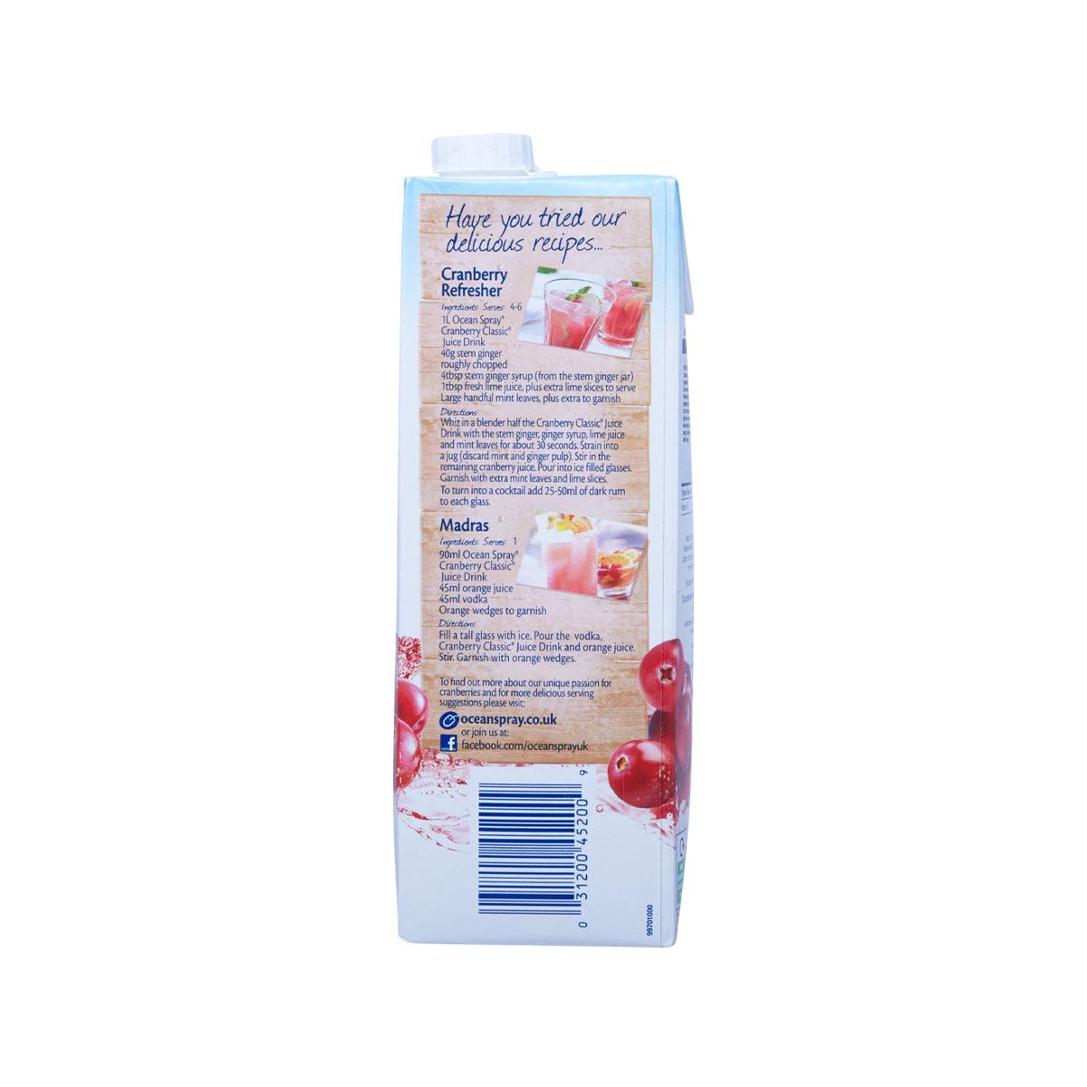 Ocean Spray Cranberry Classic 1L juice drink carton, side with barcode and product text.