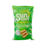 SunChips French Onion whole grain snack bag, green package with chips and branding.