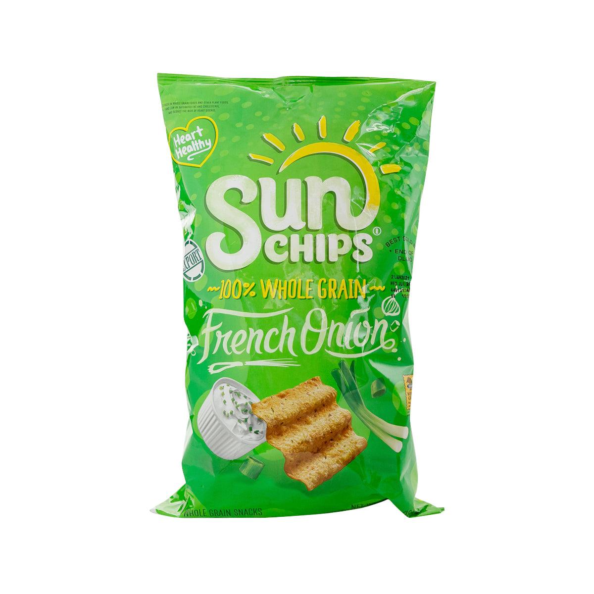 SunChips French Onion whole grain snack bag, green package with chips and branding.