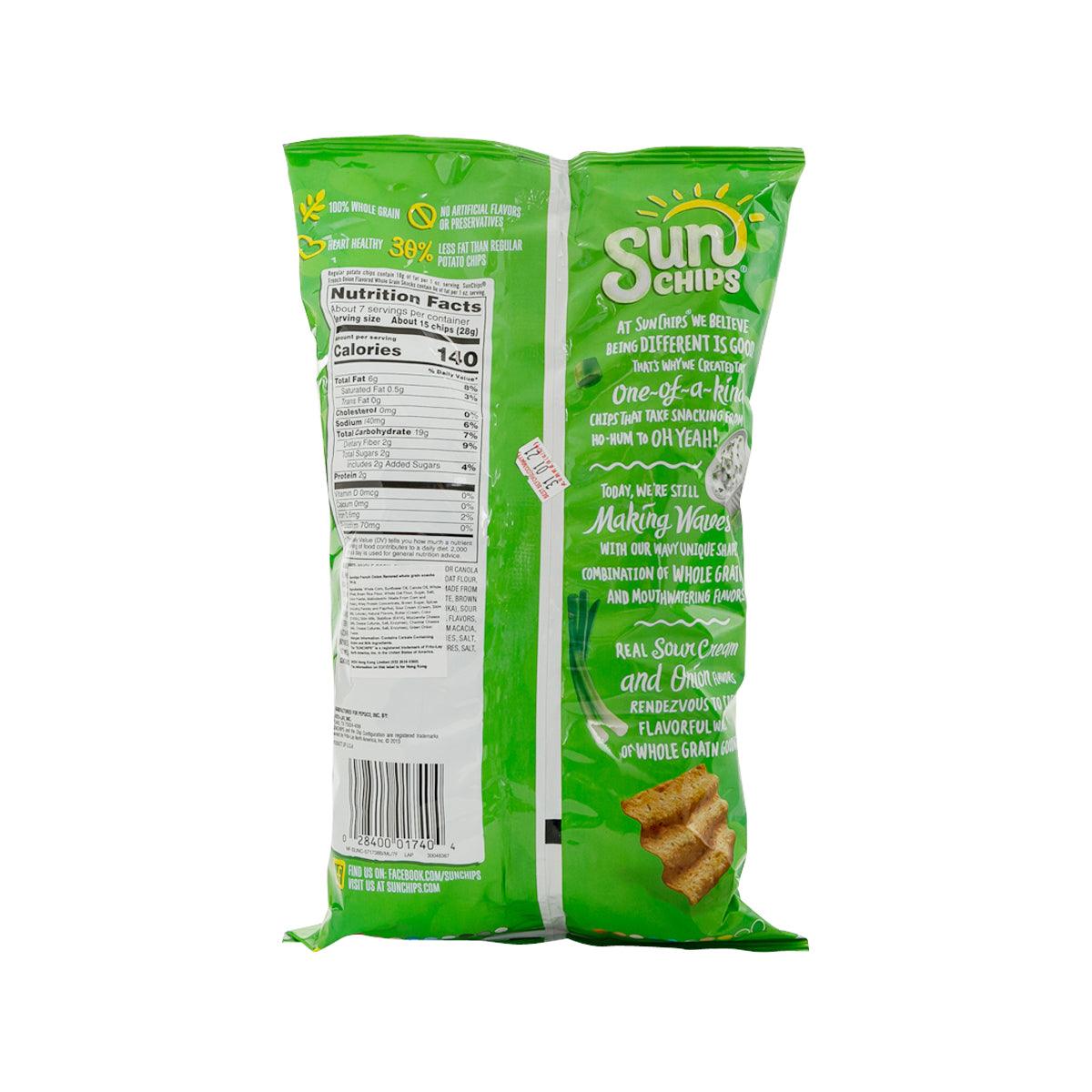 SunChips French Onion whole grain snack bag back, nutrition panels and one-of-a-kind text.