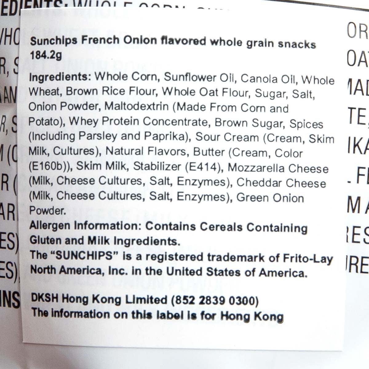 SunChips French Onion whole grain snacks ingredients label on green package.