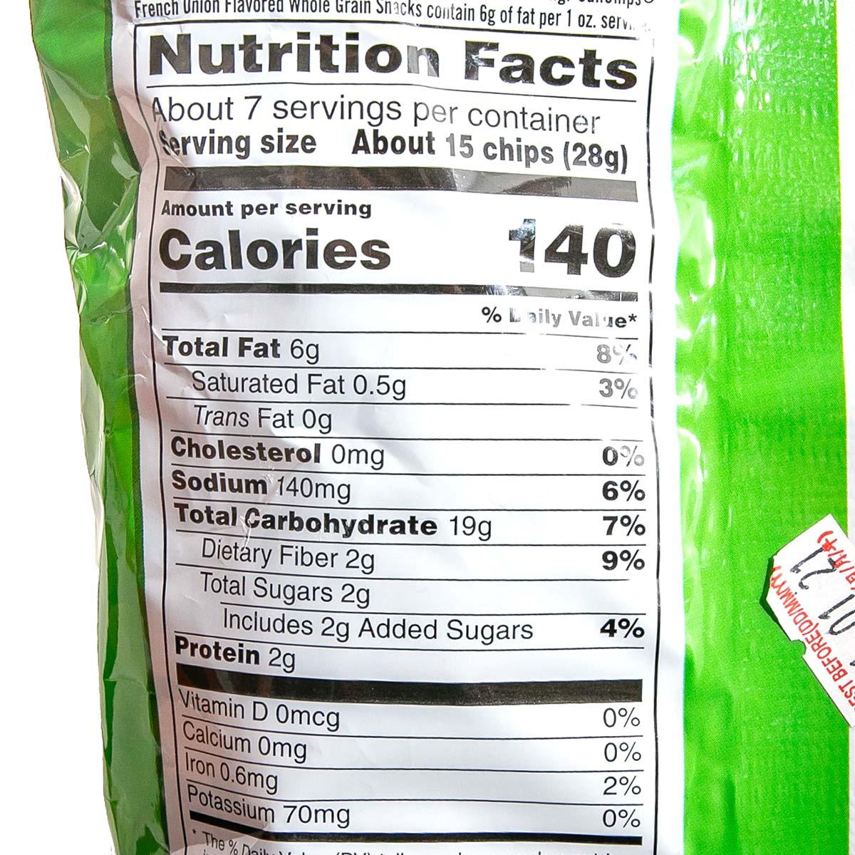 SunChips French Onion whole grain snack nutrition facts panel on green bag.