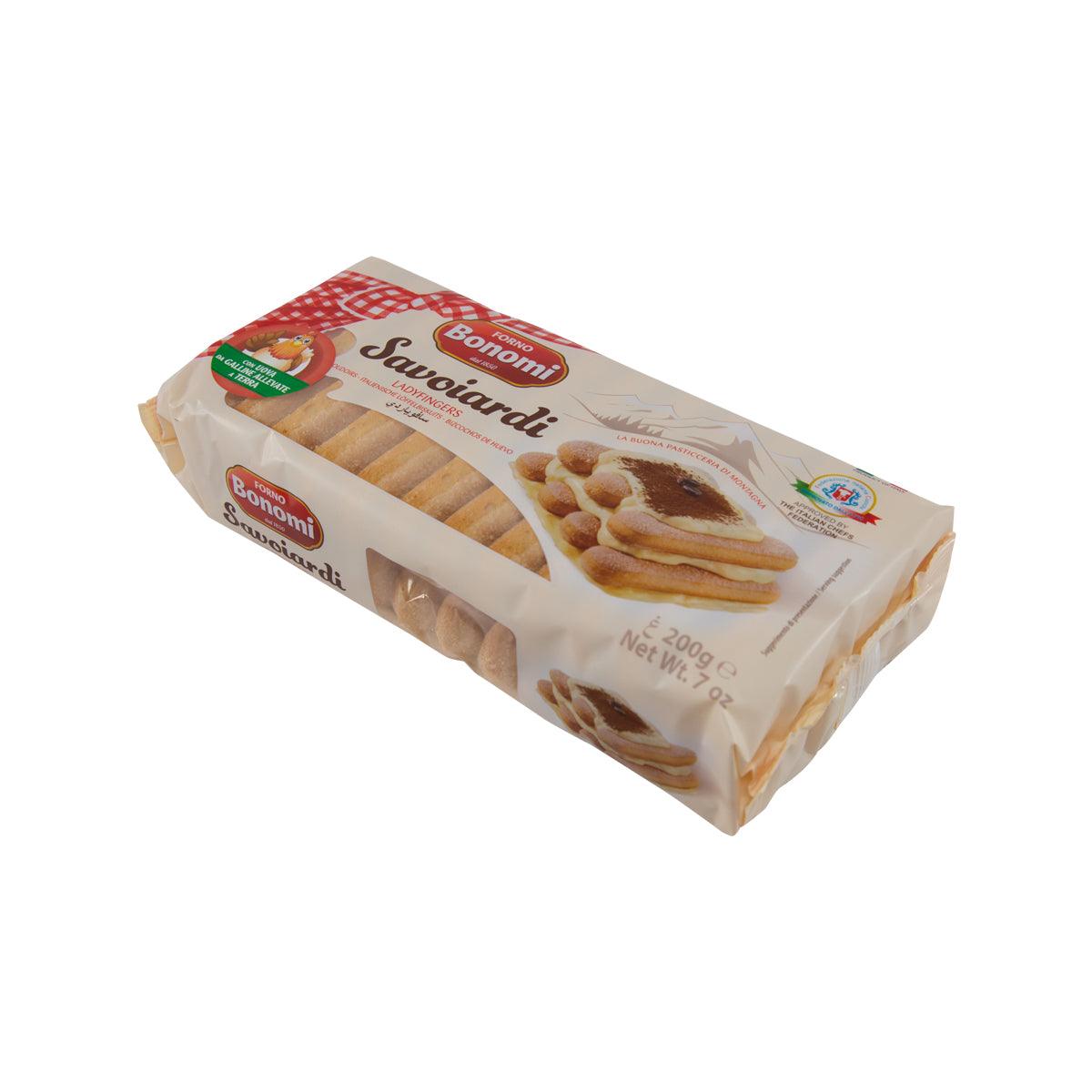 Lady fingers biscuit pack, 200 g, angled view of packaged biscuits