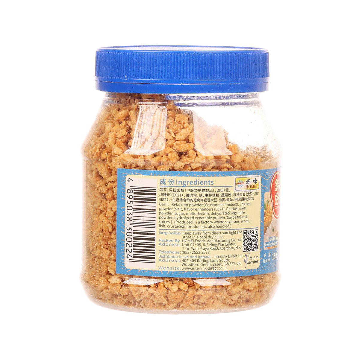 HOMEI fried garlic & belachan mix jar showing ingredients and barcode label