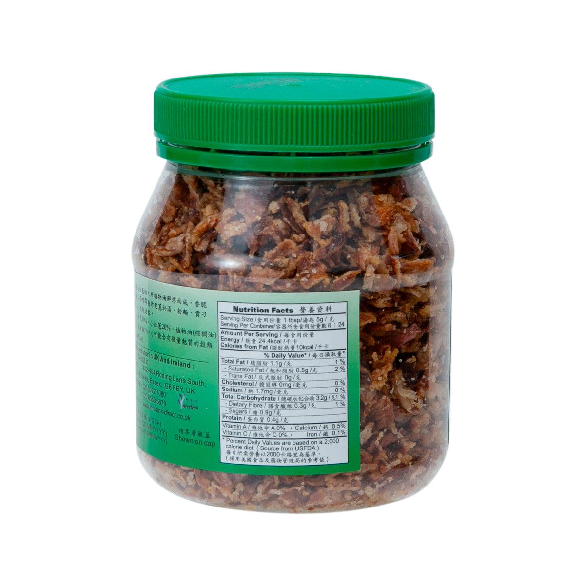 Fried shallots jar with green lid and back label, filled with crispy brown shallot pieces