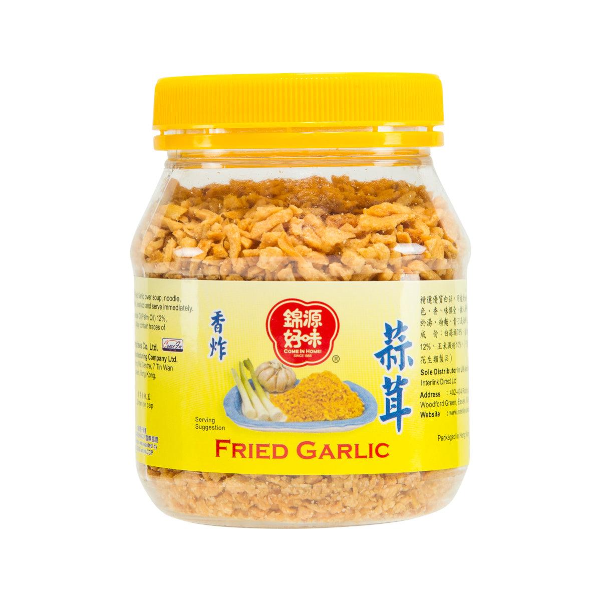 HOMEI fried garlic in a 150g plastic jar with yellow lid