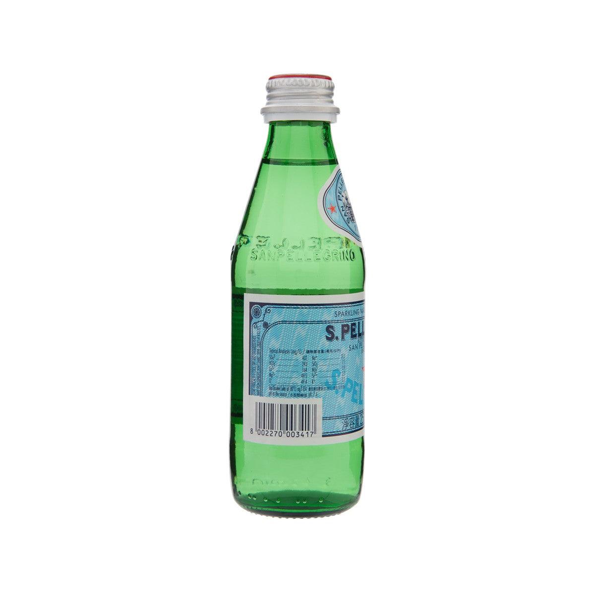 SAN PELLEGRINO sparkling mineral water bottle, green glass, back label with bar code