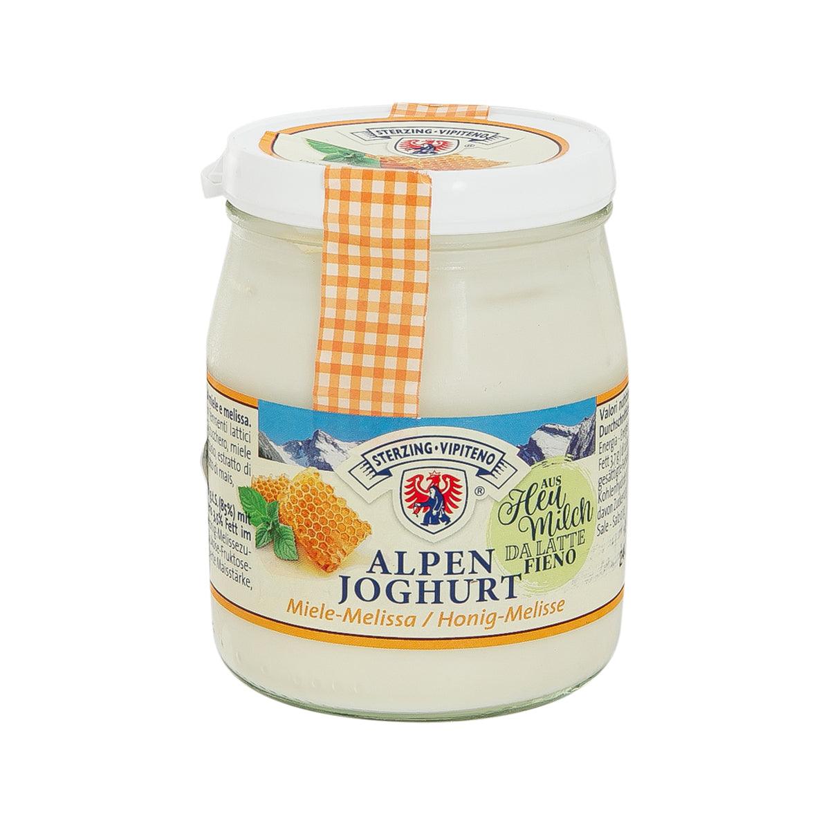 Alpen yogurt jar with honey and lemon balm label, 150g glass container