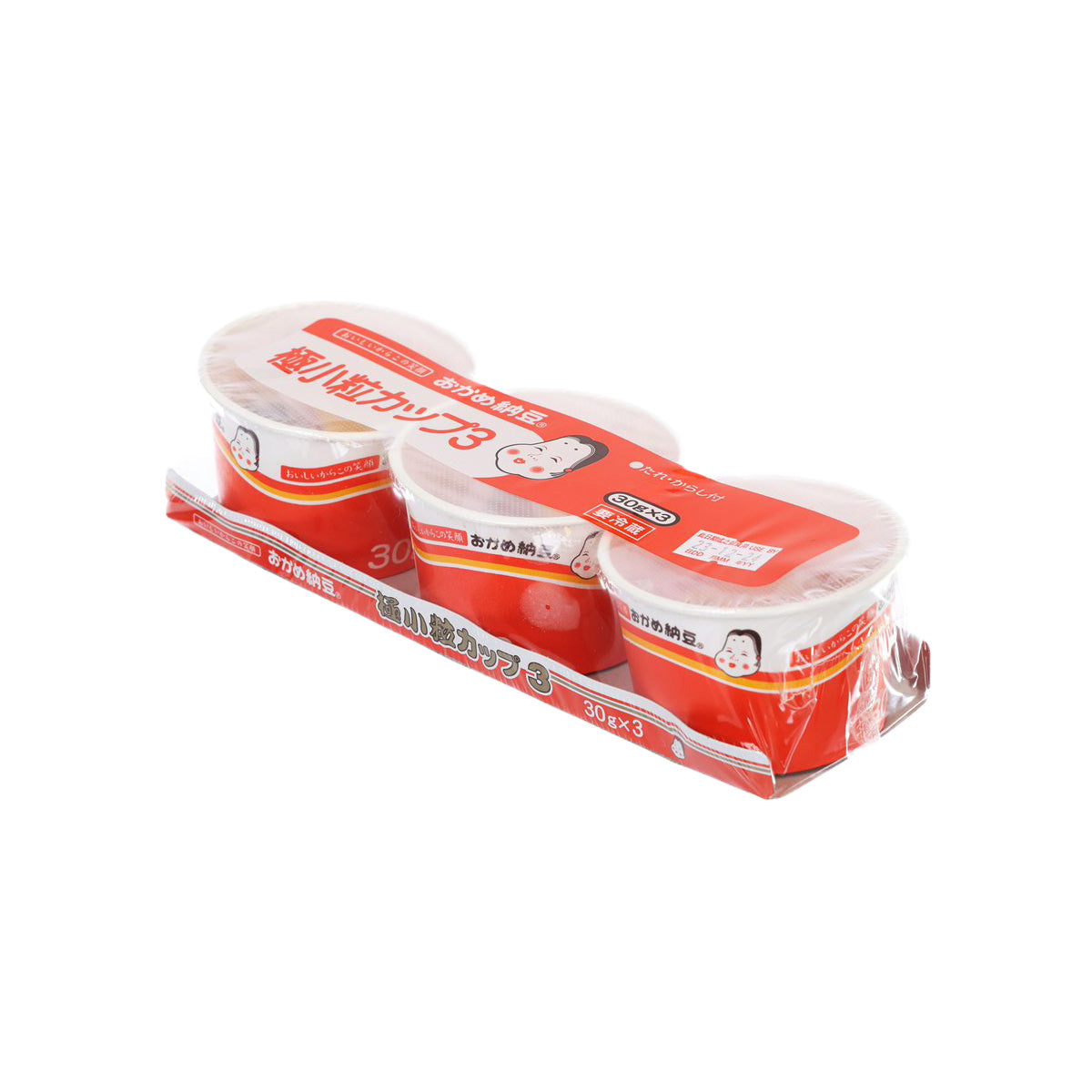 Three natto cups in shrink-wrapped 3-pack tray with red label tops