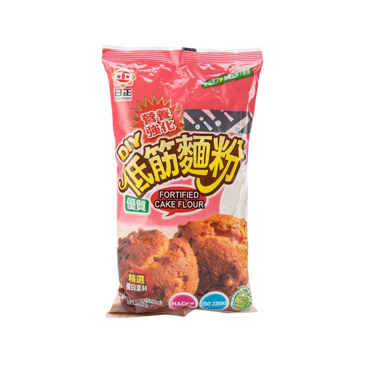 Fortified cake flour bag, red package with 'Cake Flour' label and baked item graphics