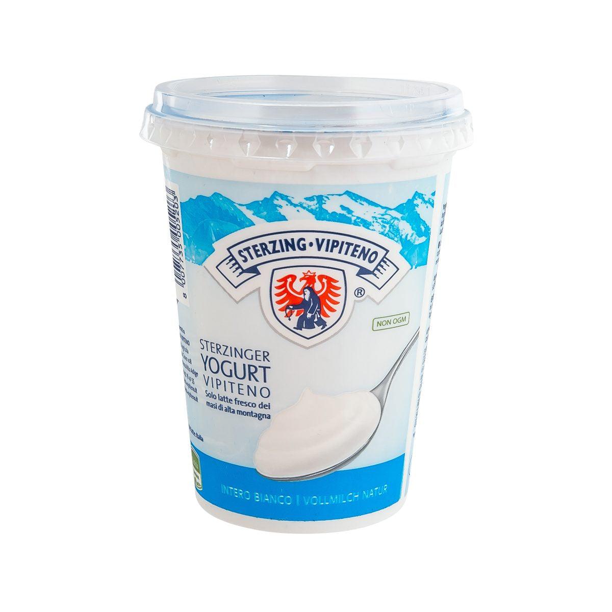 Whole milk yogurt cup with Sterzing Vipiteno label and blue mountain graphics.