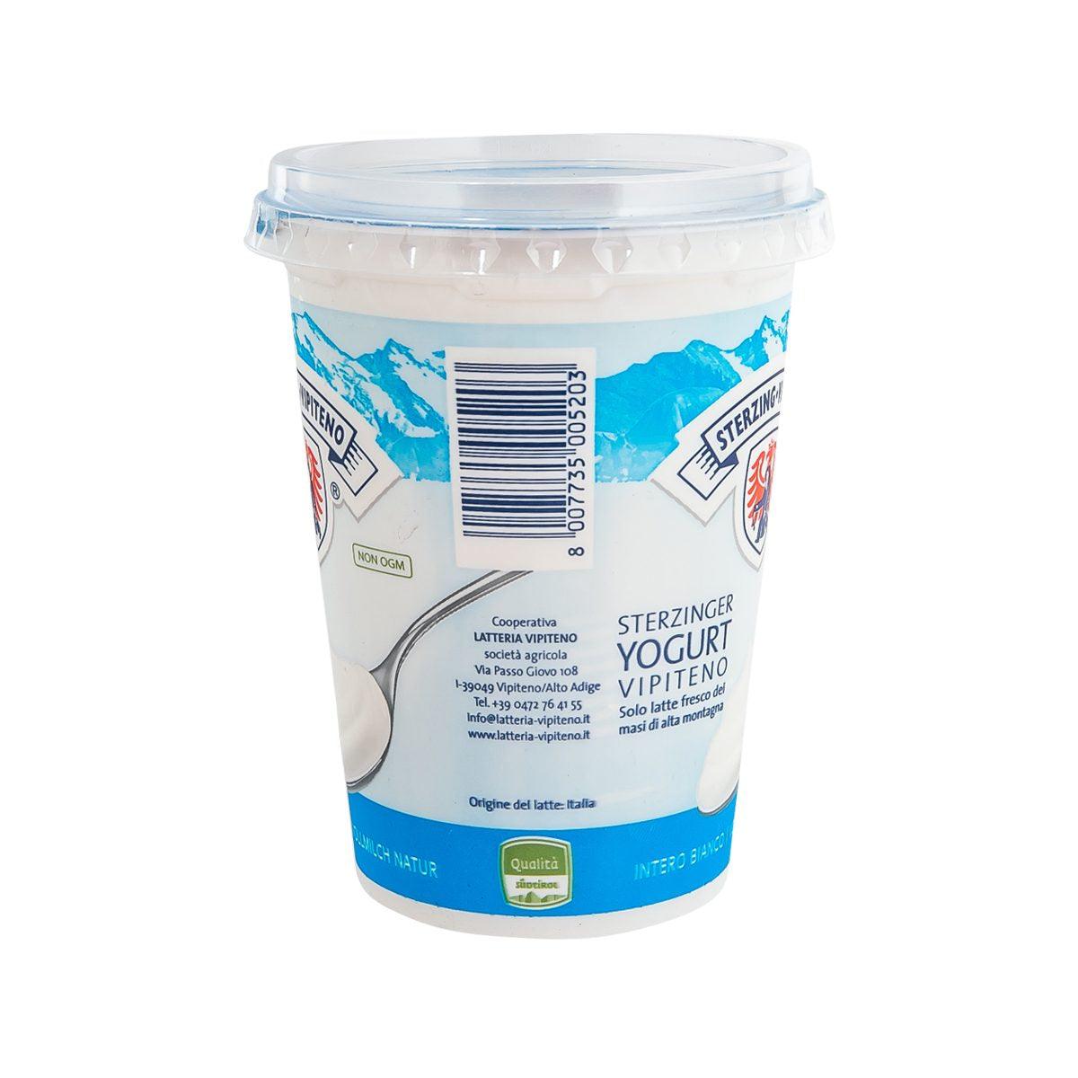 Whole milk yogurt cup back label with barcode and storage information.