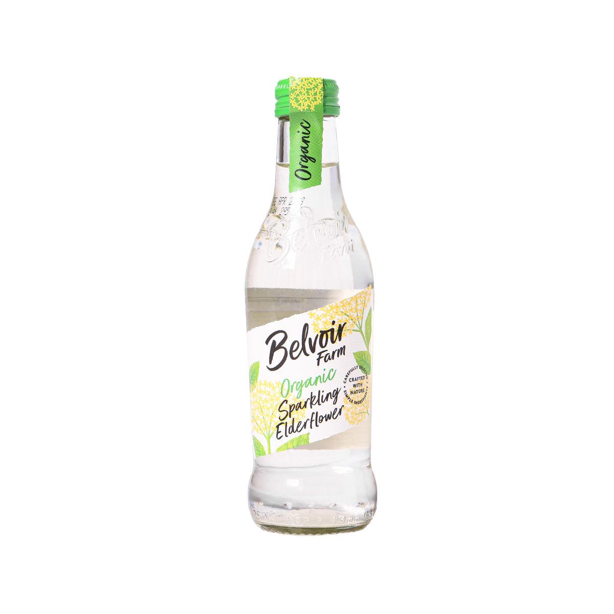 BELVOIR FARM sparkling elderflower drink bottle with green cap and front label