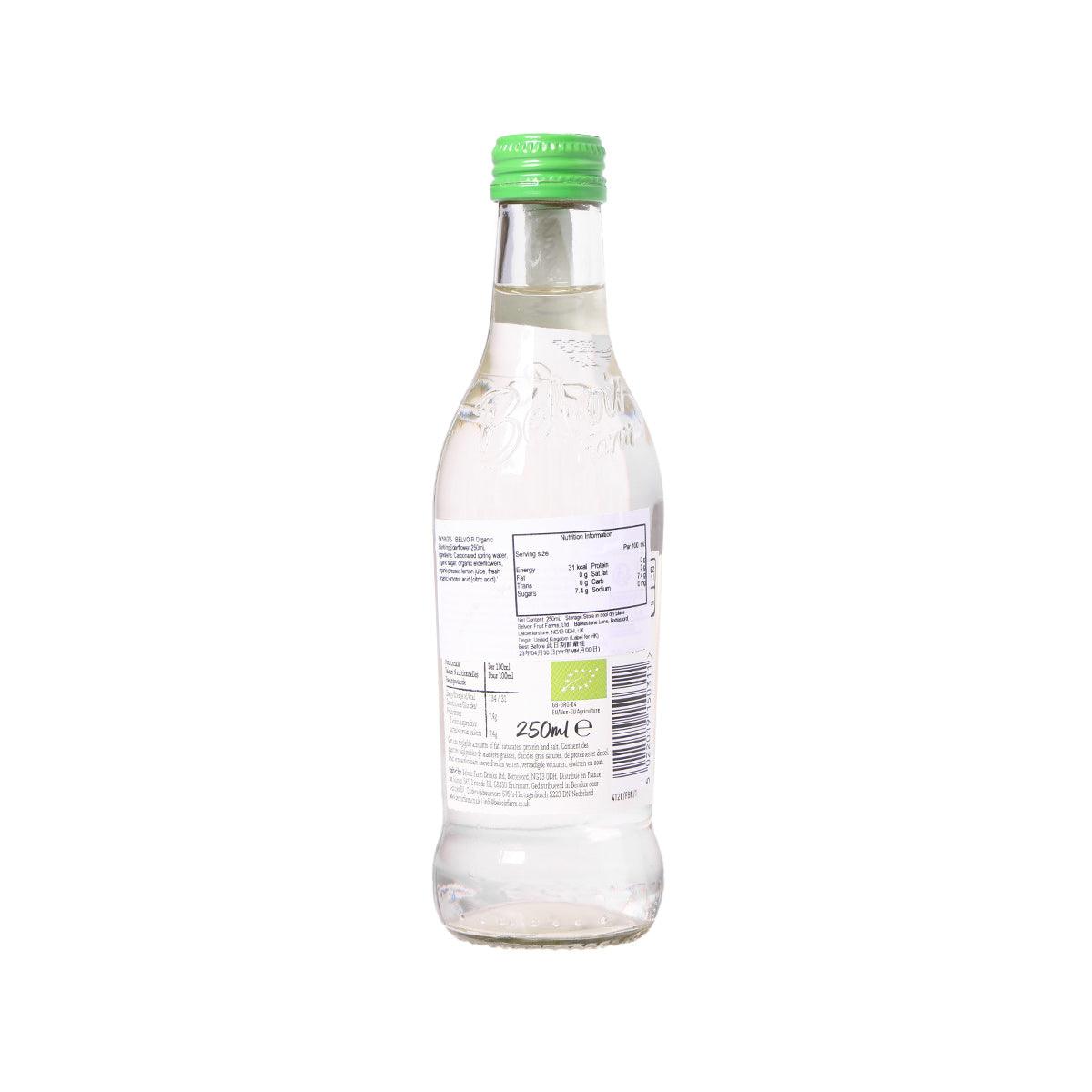 BELVOIR FARM sparkling elderflower drink bottle back label with green screw cap