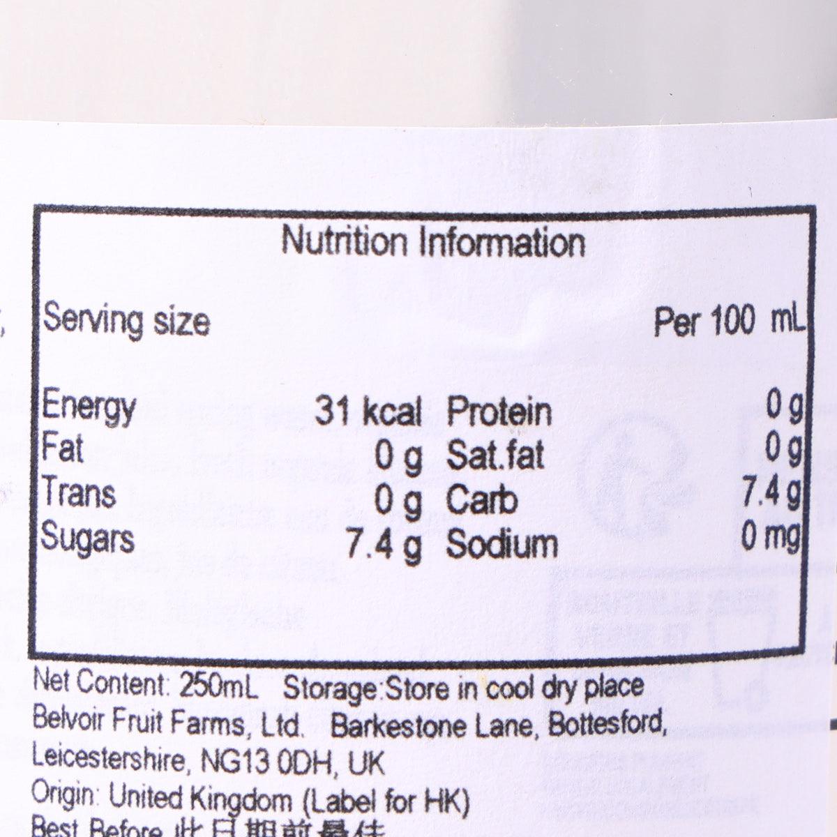 Nutrition information label for sparkling elderflower drink, per 100 mL