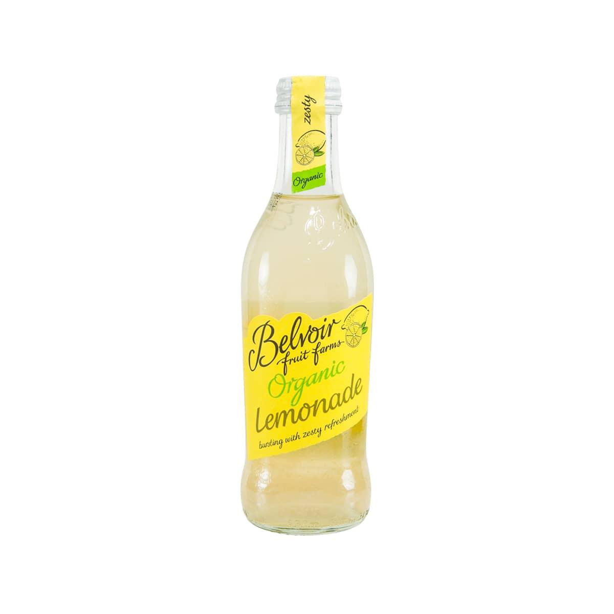 BELVOIR FARM organic lemonade bottle with yellow liquid and yellow cap