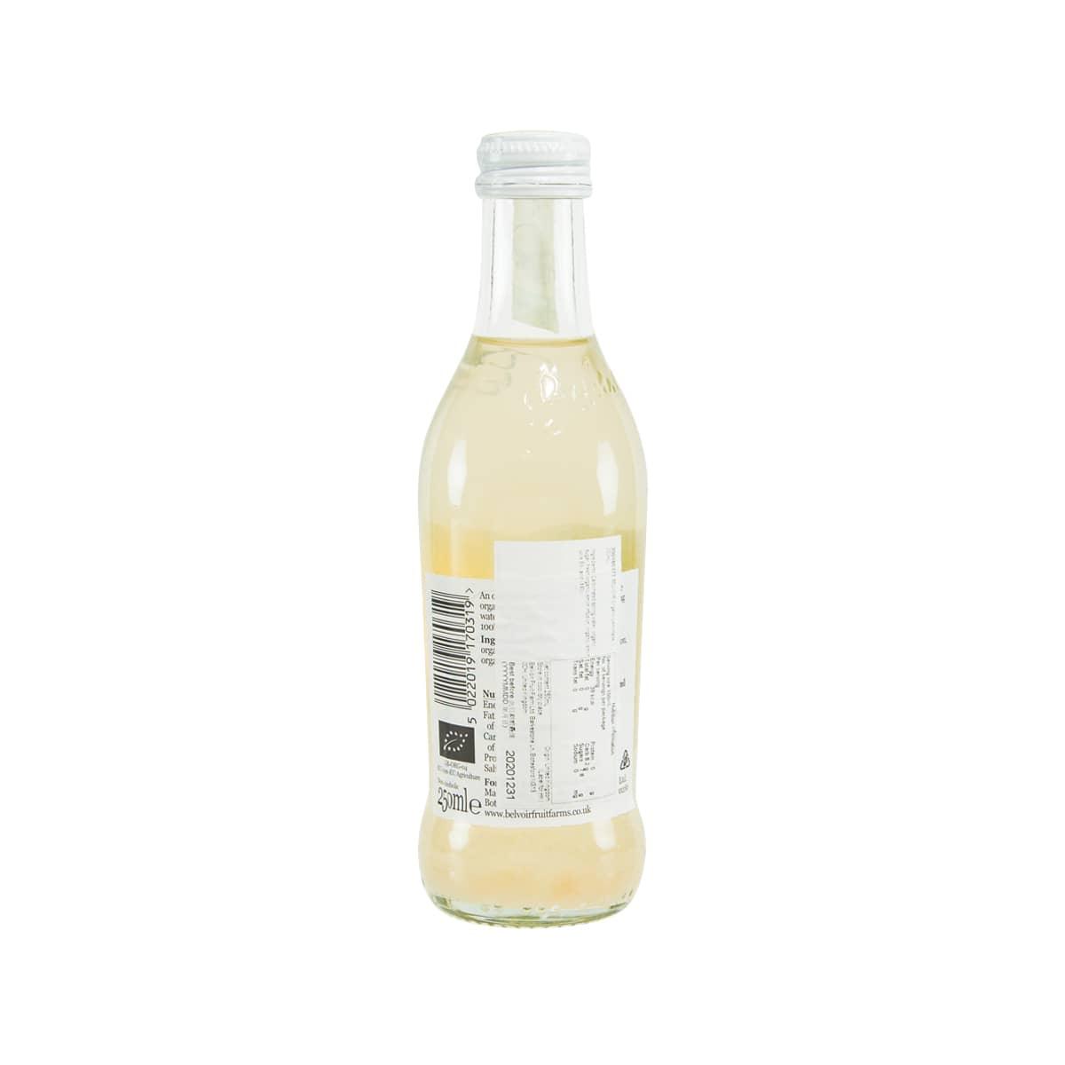 BELVOIR FARM organic lemonade bottle, rear label with nutrition and barcode