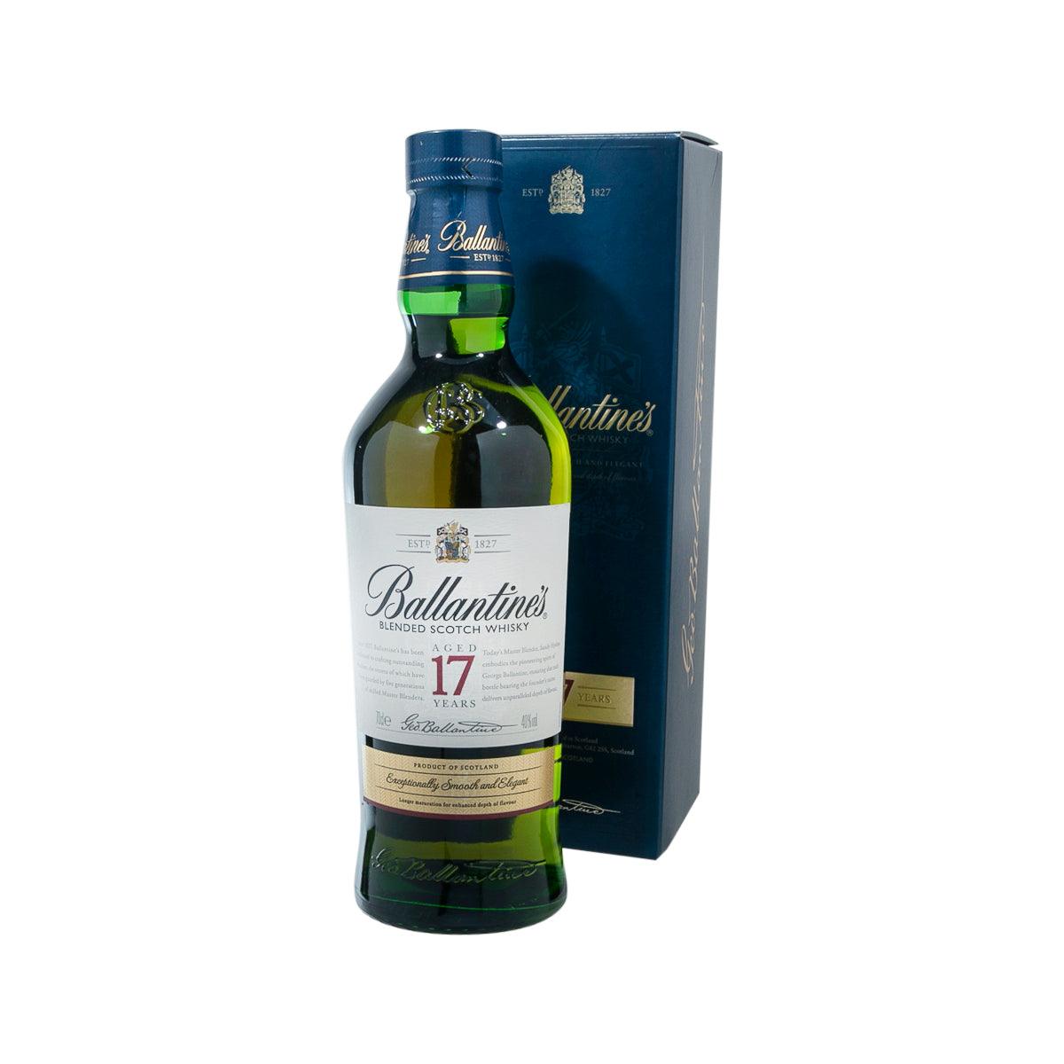 BALLANTINES 17-year blended whisky bottle with blue cap and matching product box