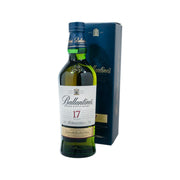 BALLANTINES 17-year blended whisky bottle with blue cap and matching product box