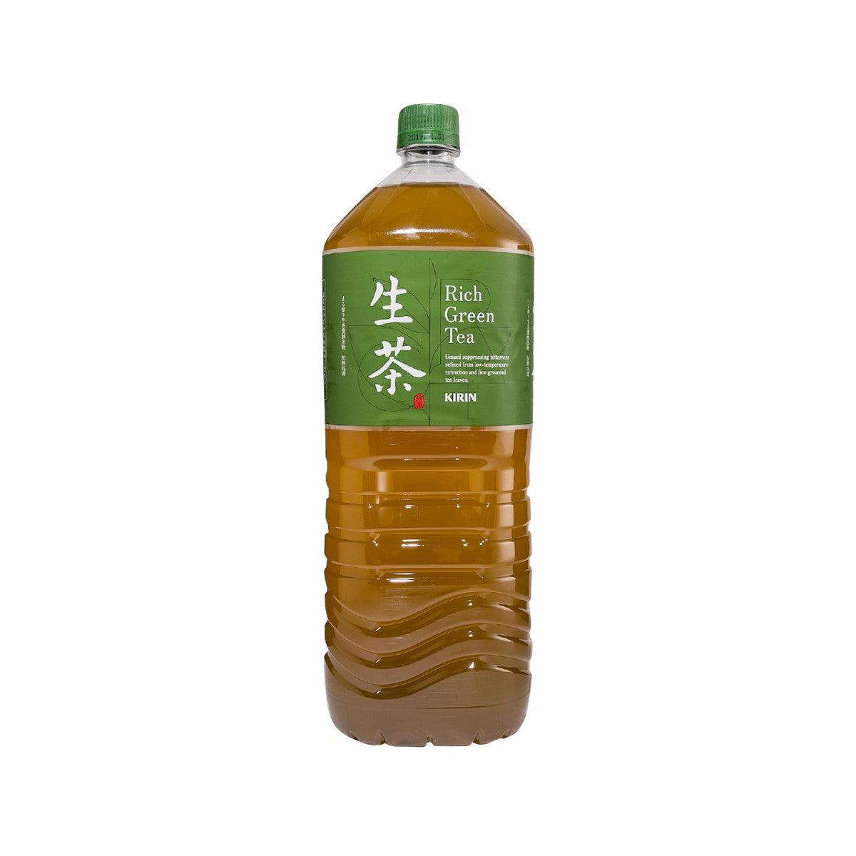 KIRIN rich green tea bottle with green label and cap, clear amber liquid