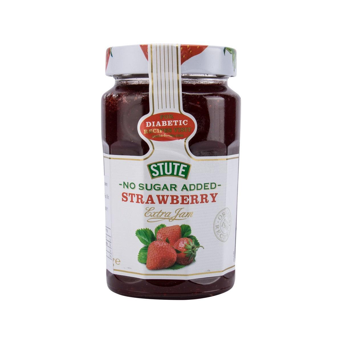 STUTE diabetic strawberry extra jam jar with no sugar added label and lid