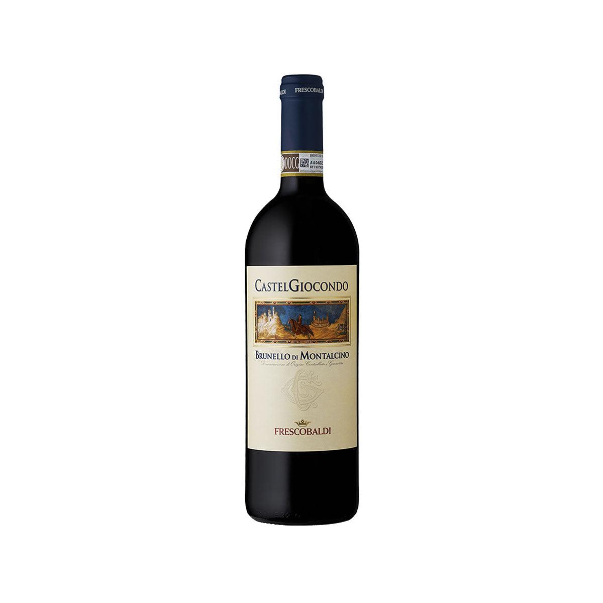 Dark red wine bottle with paper label and blue foil neck