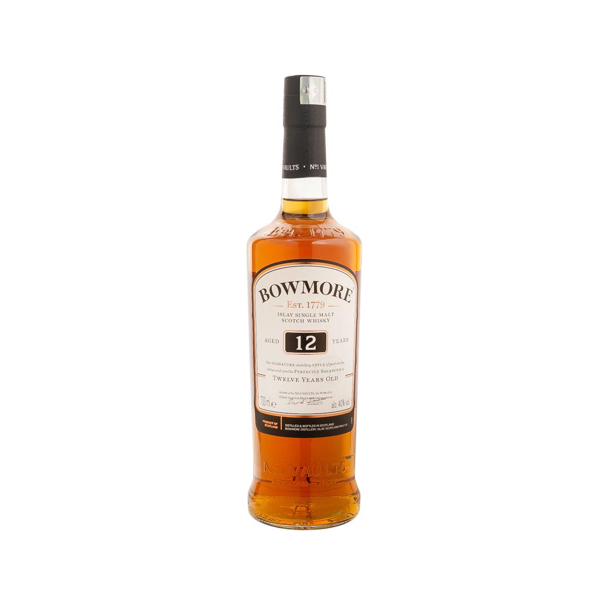 Bowmore 12 year single malt whisky bottle with amber liquid and black label