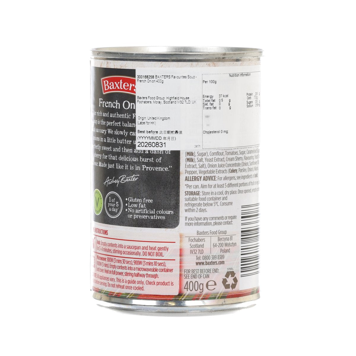 Baxters Favourites French Onion soup, 400g can with back label details