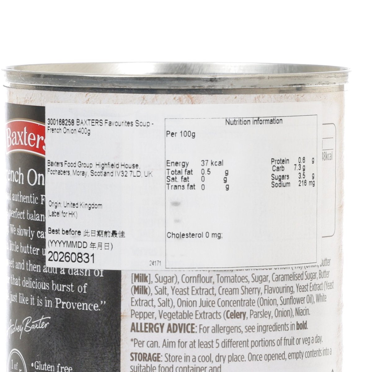 Baxters Favourites French Onion soup, 400g can with nutrition facts panel
