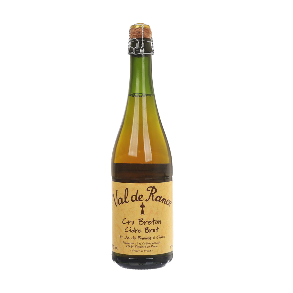 Cider brut bottle with amber glass and front label