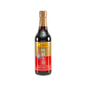 LEE KUM KEE premium soy sauce bottle with gold cap, dark brown glass