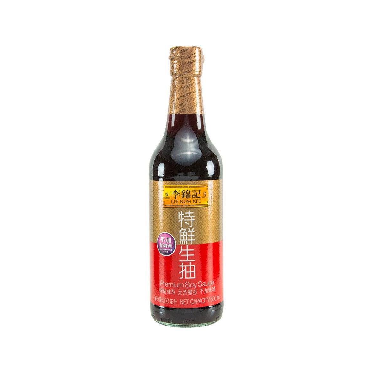 LEE KUM KEE premium soy sauce bottle with gold cap, dark brown glass