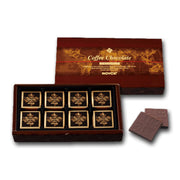 ROYCE' coffee chocolate assortment in open box with patterned dark chocolate pieces